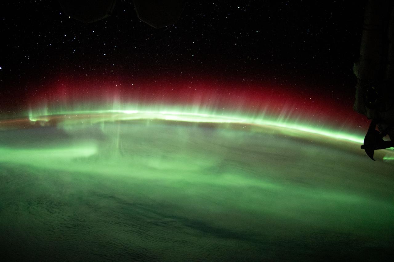 iss067e272195 (Aug. 17, 2022) --- A brilliant aurora streams above Earth's horizon in this photograph from the International Space Station as it orbited 270 miles above the Indian Ocean northeast of the French Southern and Antarctic Lands.