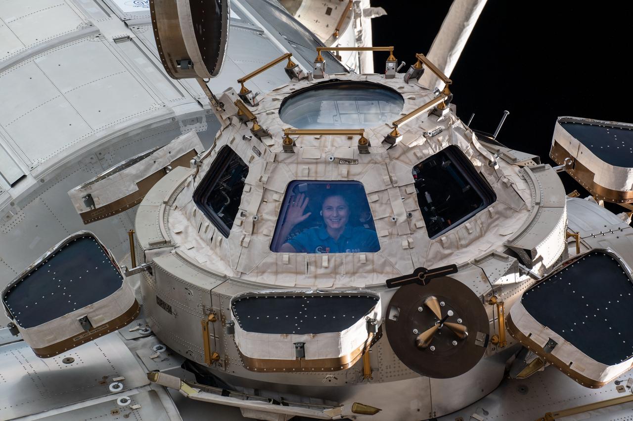 iss067e359828 (Sept. 12, 2022) --- ESA (European Space Agency) astronaut and Expedition 67 Flight Engineer Samantha Cristoforetti is pictured looking out from a window on the cupola, the International Space Station's "window to the world." The astronauts use the seven-windowed cupola to monitor the arrival of spaceships at the orbiting lab and view the Earth below.