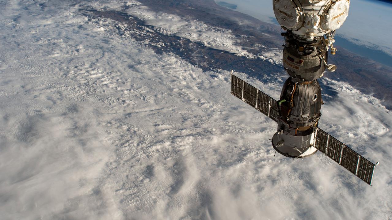 iss067e362299 (Sept. 15, 2022) --- The Soyuz MS-21 crew ship is pictured attached to the Prichal docking module as the International Space Station orbited 260 miles above a cloudy Peru on the South American continent.