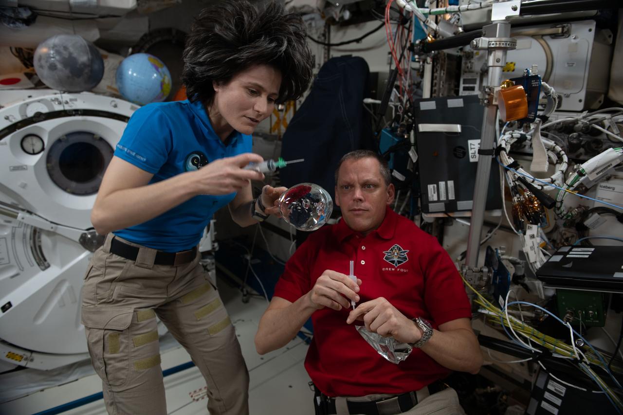 iss068e006399 (Oct. 1, 2022) --- Expedition 68 Flight Engineers Samantha Cristoforetti of ESA (European Space Agency) and Bob Hines of NASA have fun with fluid physics as they observe the behavior of a free-flying water bubble inside the International Space Station's Kibo laboratory module.