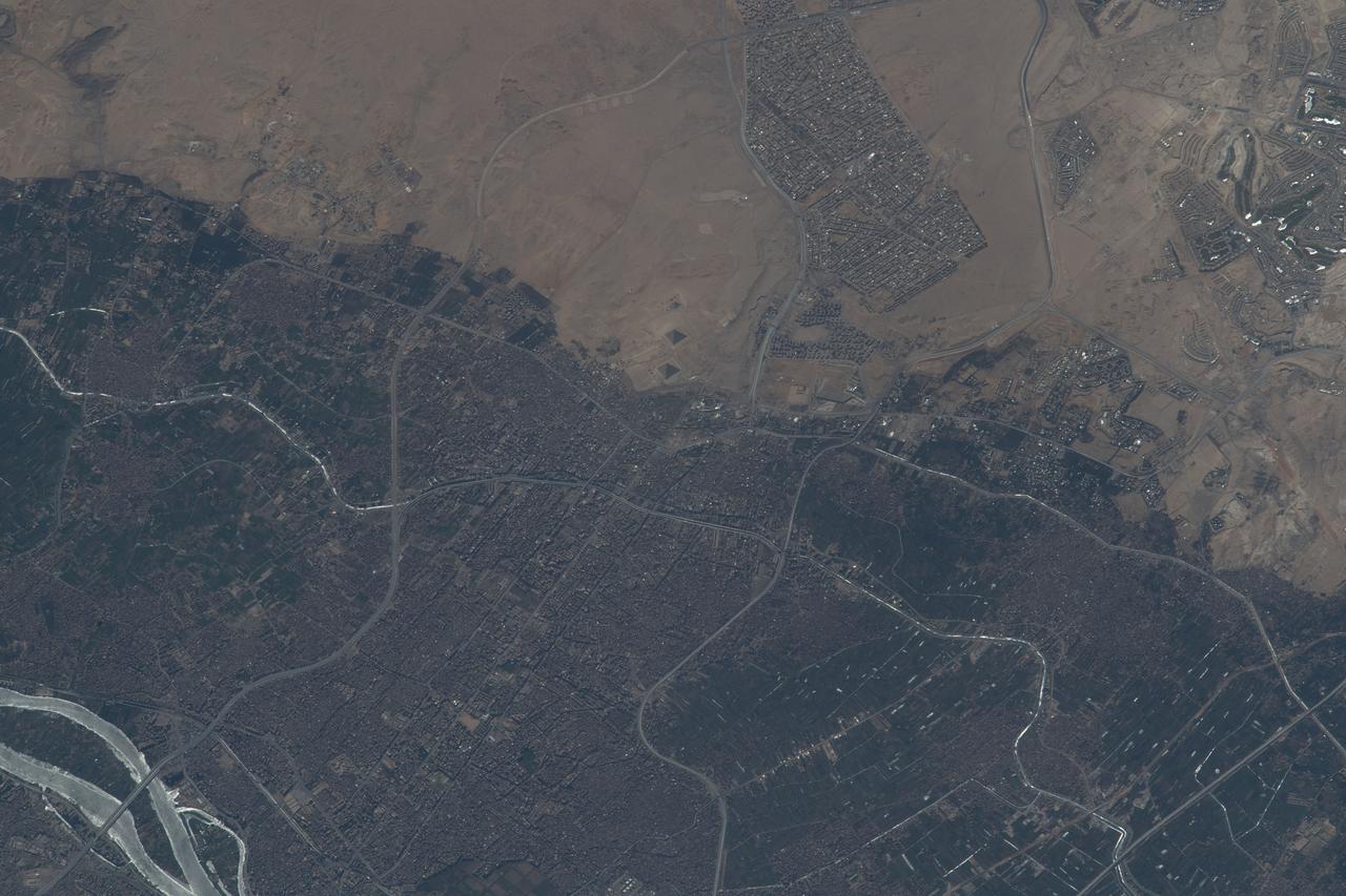 iss068e006657 (Oct. 1, 2022) --- Giza, Egypt, the home of the Great Pyramids (center), and a portion of the Nile River (lower left) are pictured from the International Space Station as it orbited 259 miles above the Mediterranean Sea.