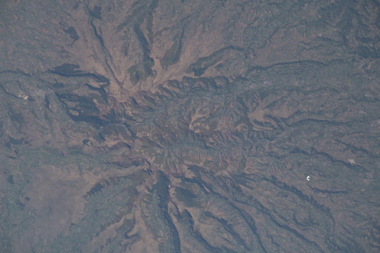 iss068e008954 (Oct. 5, 2022) --- The Mounts of Cantal, the remnants of Europe's largest stratovolcano made up of several summits in southern France, is pictured from the International Space Station as it orbited 263 miles above. Credit: NASA/Kjell Lindgren