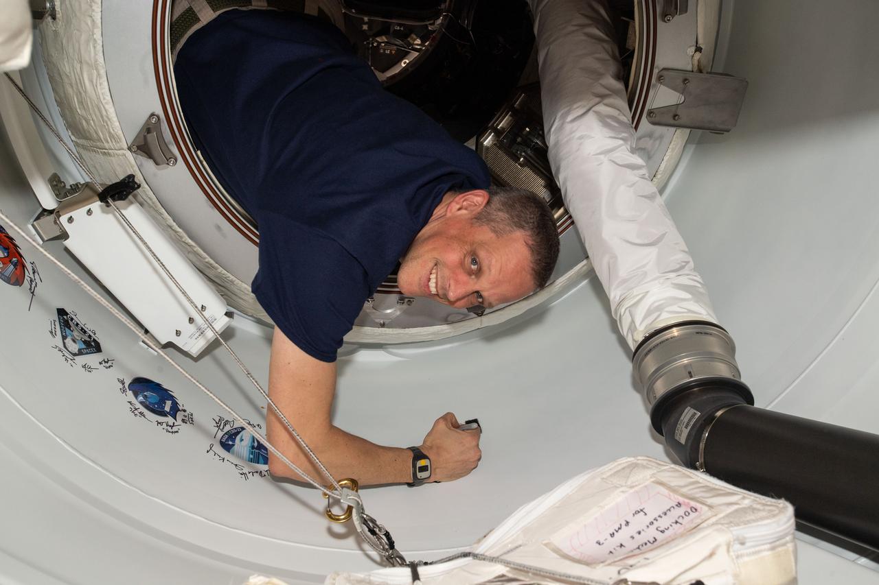 iss068e016449 (Oct. 12, 2022) --- NASA astronaut and Expedition 68 Flight Engineer Bob Hines, also the SpaceX Crew-4 Pilot, signs his name around the Crew-4 mission insignia affixed to the vestibule between the Harmony module's space-facing port and the Dragon Freedom crew ship.