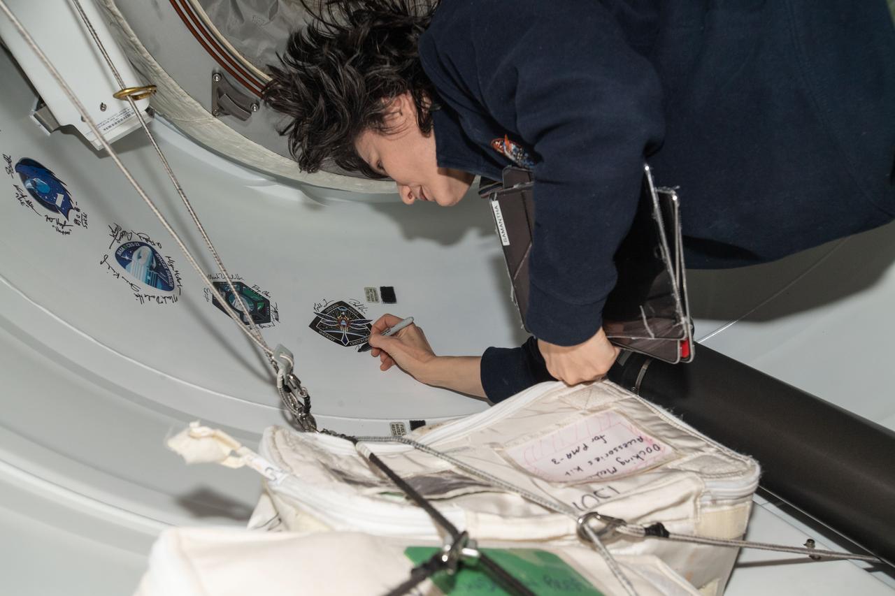 iss068e016455 (Oct. 12, 2022) --- NASA astronaut and Expedition 68 Commander Samantha Cristoforetti, also a SpaceX Crew-4 Mission Specialist, signs her name around the Crew-4 mission insignia affixed to the vestibule between the Harmony module's space-facing port and the Dragon Freedom crew ship.