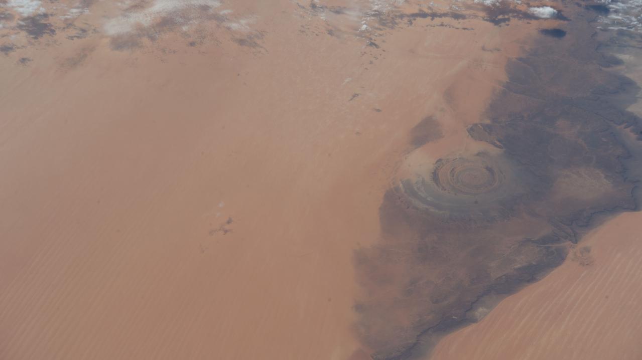 iss068e025663 (Nov. 30, 2022) --- The Richat Structure, or the "Eye of the Sahara," in northwestern Mauritania is pictured from the International Space Station as it orbited 259 miles above the African continent.