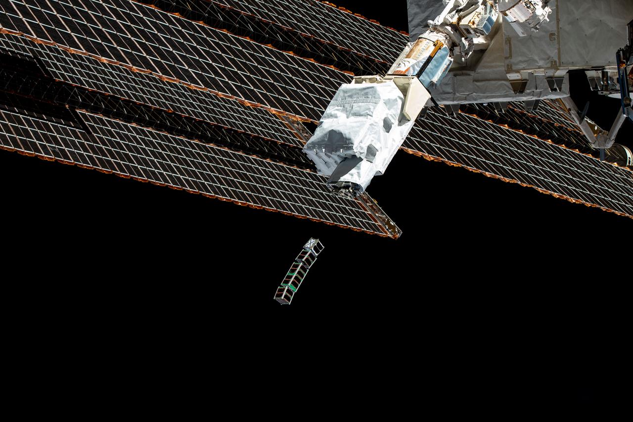 iss068e025787 (12/2/2022) --- The J-SS0D-23 CubeSat mission is shown as deployed from the International Space Station. The BIRDS-5 Project consists of three CubeSats: PearlAfricaSat-1 (1U), Science, Technology, and Innovation Office of the President (Uganda), TAKA (2U) Kyushu Institute of Technology (Japan), and ZIMSAT-1 (1U). SpaceTuna1 (1U) also deploys (Zimbabwe National Geospatial and Space Agency (ZINGSA) (Zimbabwe). Service provider: Mitsui Bussan Aerospace Inc. (Japan).