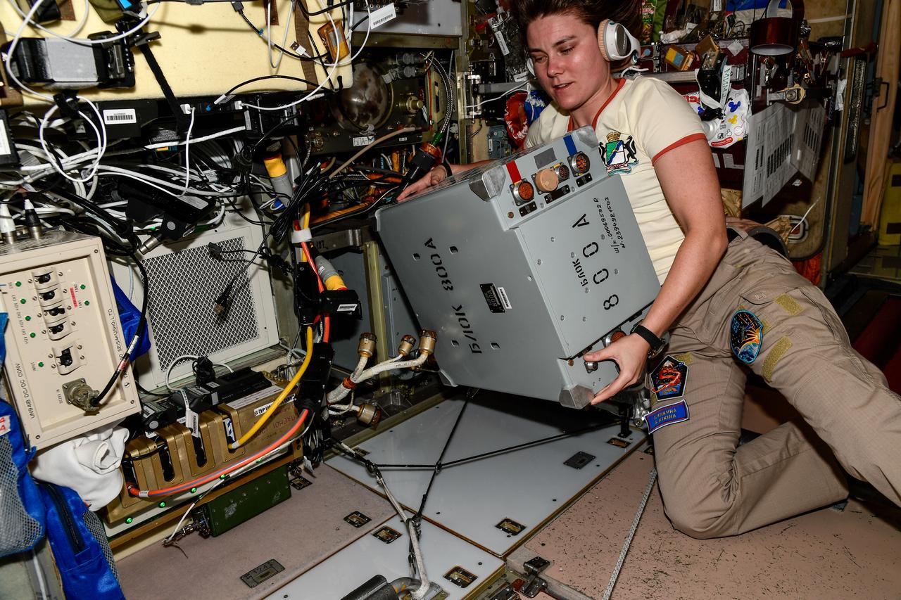 iss068e041665 (Jan. 23, 2023) --- Roscosmos cosmonaut and Expedition 68 Flight Engineer Anna Kikina works on electronics hardware maintenance inside the International Space Station.