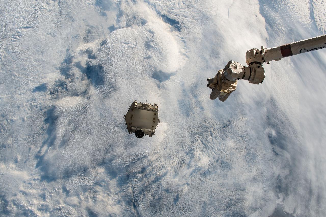 iss068e044174 (Jan. 31, 2023) --- The Canadarm2 robotic arm is pictured extending away from the International Space Station after jettisoning flight support equipment toward the Earth's atmosphere. The flight hardware secured a pair of roll-out solar arrays inside the SpaceX Dragon cargo ship’s trunk during its ascent to orbit and rendezvous with the space station in November 2022. The jettisoned support equipment drifted safely away from the station and will eventually harmlessly burn up in the atmosphere with no chance for recontacting the space station.
