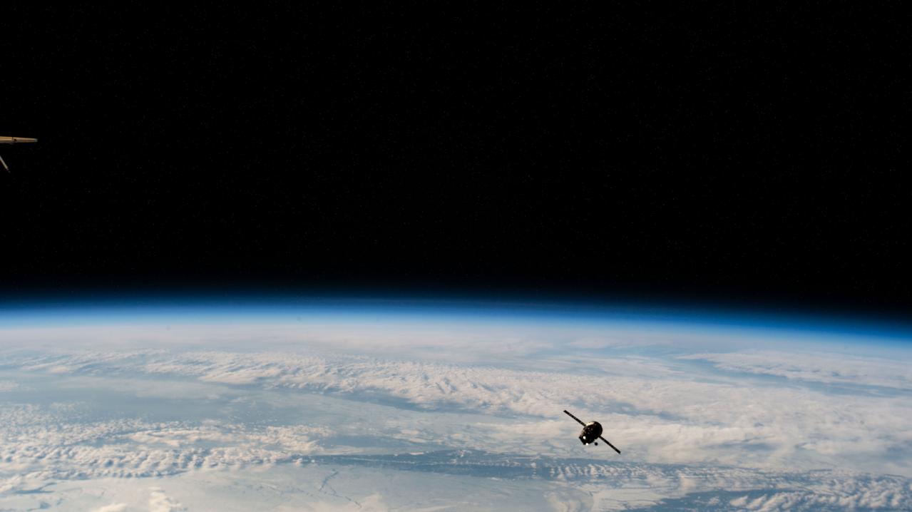 iss068e046972 (Feb. 7, 2023) --- The ISS Progress 81 resupply ship from Roscosmos is pictured 266 miles above the Pacific Ocean off the coast of the Kuril Islands after undocking from the Zvezda service module's rear port. It would later reenter the Earth's atmosphere above the Pacific Ocean for a safe demise completing an eight-month International Space Station resupply mission.