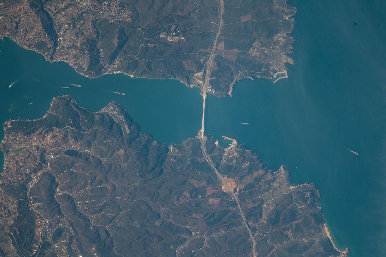 iss068e053710 (Feb. 14, 2023) --- The northern portion of Turkey's Bosporus Strait, crossed by the Yavuz Sultan Selim Bridge, leads into the Black Sea in this photograph from the International Space Station as it orbited 264 miles above.