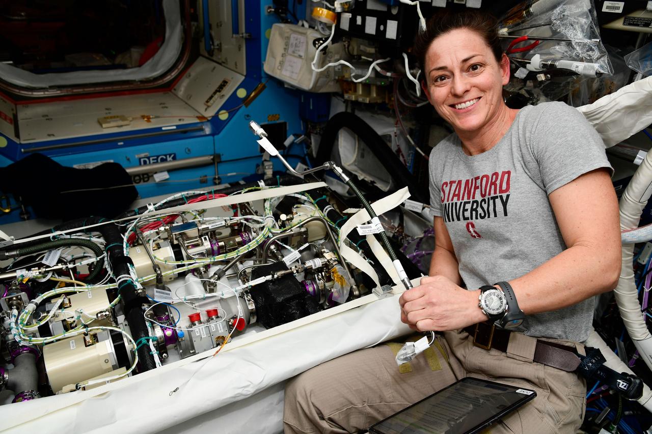 iss068e054589 (Feb. 13, 2023) --- Expedition 68 Flight Engineer Nicole Mann works on life support maintenance inside the International Space Station's Destiny laboratory module.
