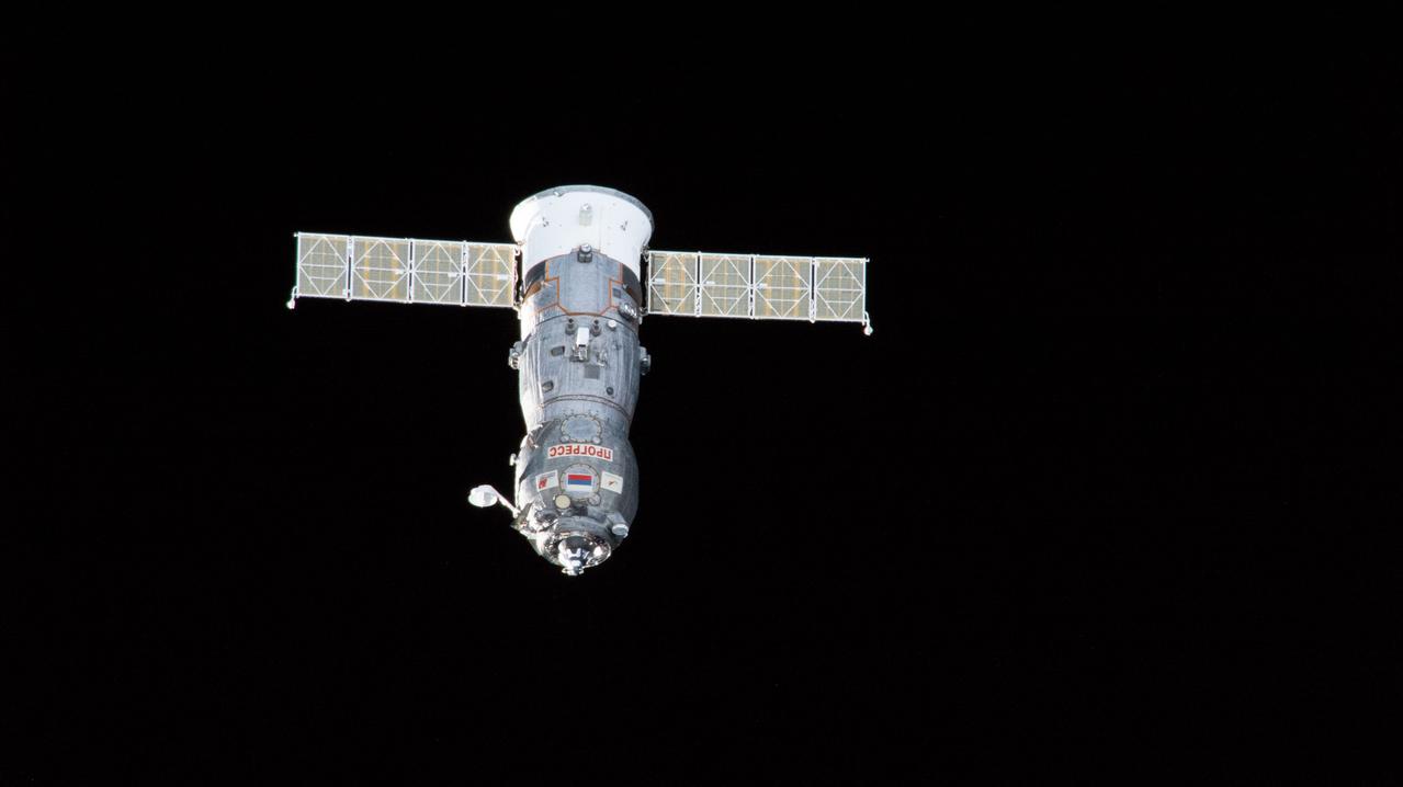 iss068e056697 (Feb. 18, 2023) --- The ISS Progress 82 cargo craft is pictured departing the vicinity of the International Space Station after undocking from the Poisk module ending a four-month resupply mission.