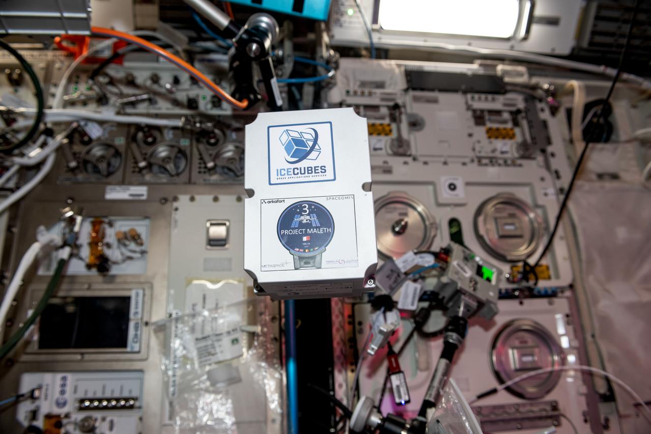 iss068e075603 (3/17/2023) --- A view of the ICE Cubes #9.2 – Maleth 2 Biocube aboard the Internatinal Space Station (ISS). ICE Cubes #9.2 – Maleth 2 by the SpaceOMIX team identifies important biomarkers found in the human skin microbiome (such as miRNA, and other mRNA transcripts) that can potentially be targeted for therapy or general well-being to enhance space travel to deeper missions to the Moon and to Mars.