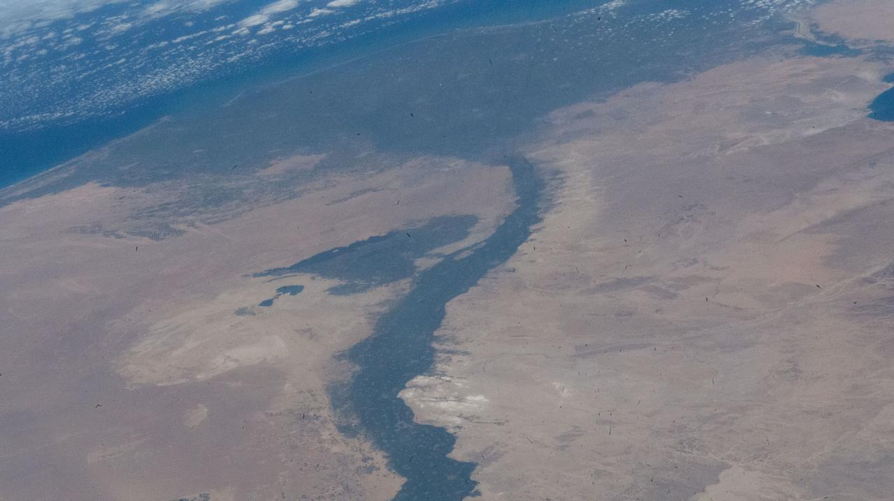 iss069e000237 (April 1, 2023) --- The Faiyum Oasis in Egypt extends to the immediate west of the Nile river which leads to the Mediterranean Sea in this photograph from an external high definition camera on the International Space Station as it orbited 262 miles above.