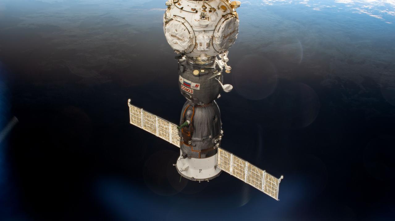 iss069e000996 (April 6, 2023) --- The Soyuz MS-23 crew ship is docked to the International Space Station's Prichal docking module after undocking and moving earlier from the Poisk module. Aboard the MS-23 during the 37-minute relocation maneuver were, NASA astronaut Frank Rubio with Roscosmos cosmonauts Sergey Prokopyev and Dmitri Petelin.