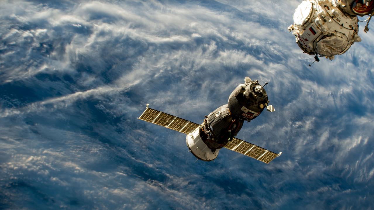 iss069e001001 (April 6, 2023) --- The Soyuz MS-23 crew ship approaches the International Space Station's Prichal docking module after undocking and moving earlier from the Poisk module. Aboard the MS-23 during the 37-minute relocation maneuver were, NASA astronaut Frank Rubio with Roscosmos cosmonauts Sergey Prokopyev and Dmitri Petelin.