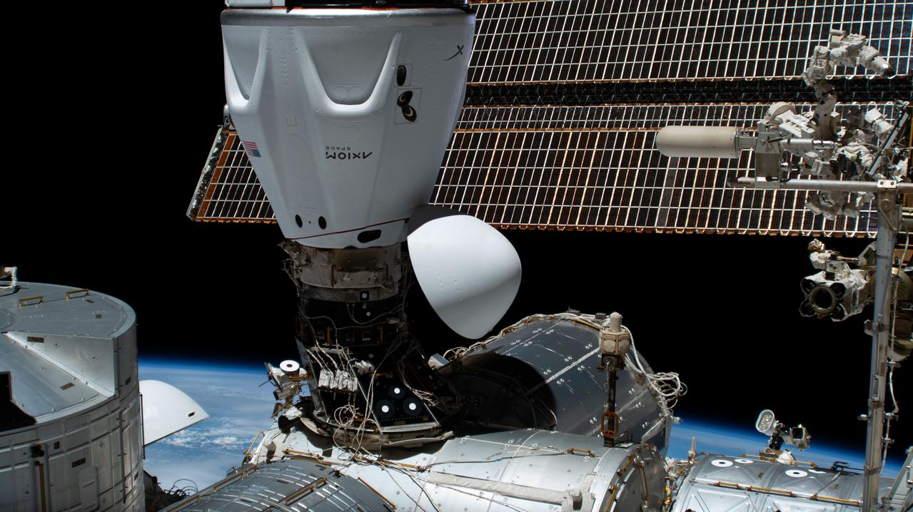 iss069e014837 (May 28, 2023) --- The SpaceX Dragon Freedom spacecraft is pictured docked to the space-facing port on the International Space Station's Harmony module. Dragon Freedom carried four Axiom Mission-2 astronauts to the orbital lab on May 22, 2023, including Commander Peggy Whitson, Pilot John Shoffner, and Mission Specialists Ali Alqarni and Rayyanah Barnawi.