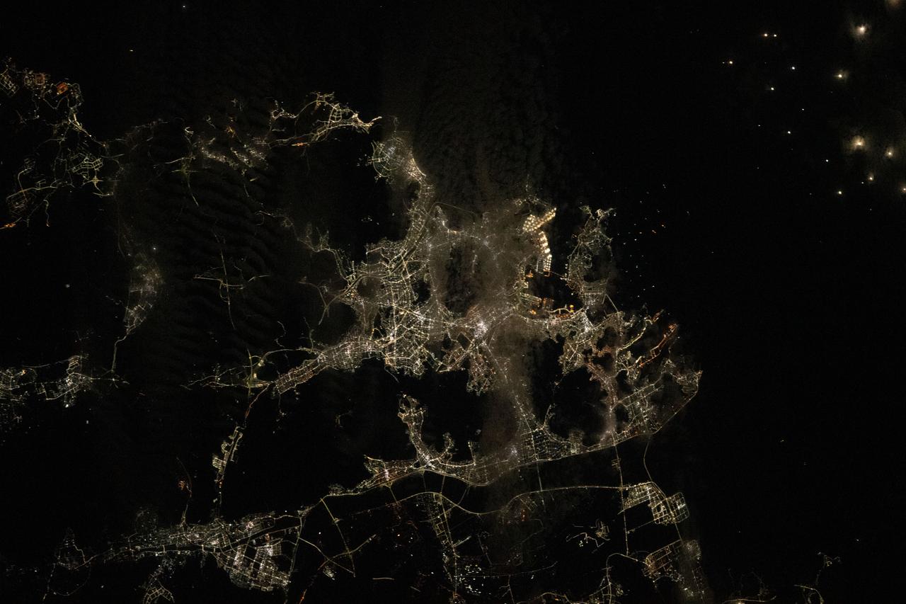 iss069e027403 (July 2, 2023) --- The port city of Busan, South Korea's second largest city with a population of over 3.4 million people, is pictured from the International Space Station as it orbited 258 miles above during an orbital night period.