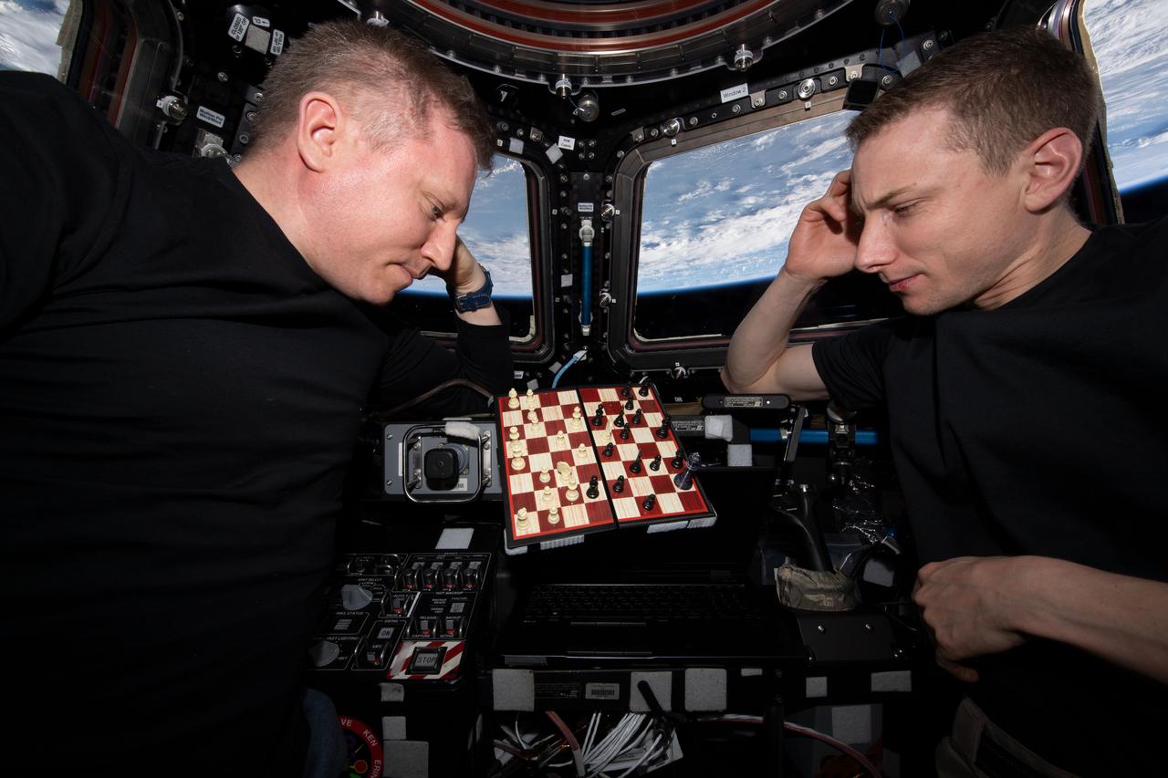 iss069e031967 (July 15, 2023) --- From left, Expedition 69 Commander Sergey Prokopyev of Roscosmos and Flight Engineer Woody Hoburg of NASA each contemplate their next move during an orbital game of chess inside the International Space Station's cupola. The orbital lab was soaring 259 miles above the Colombia-Venezuela border at the time of this photograph.