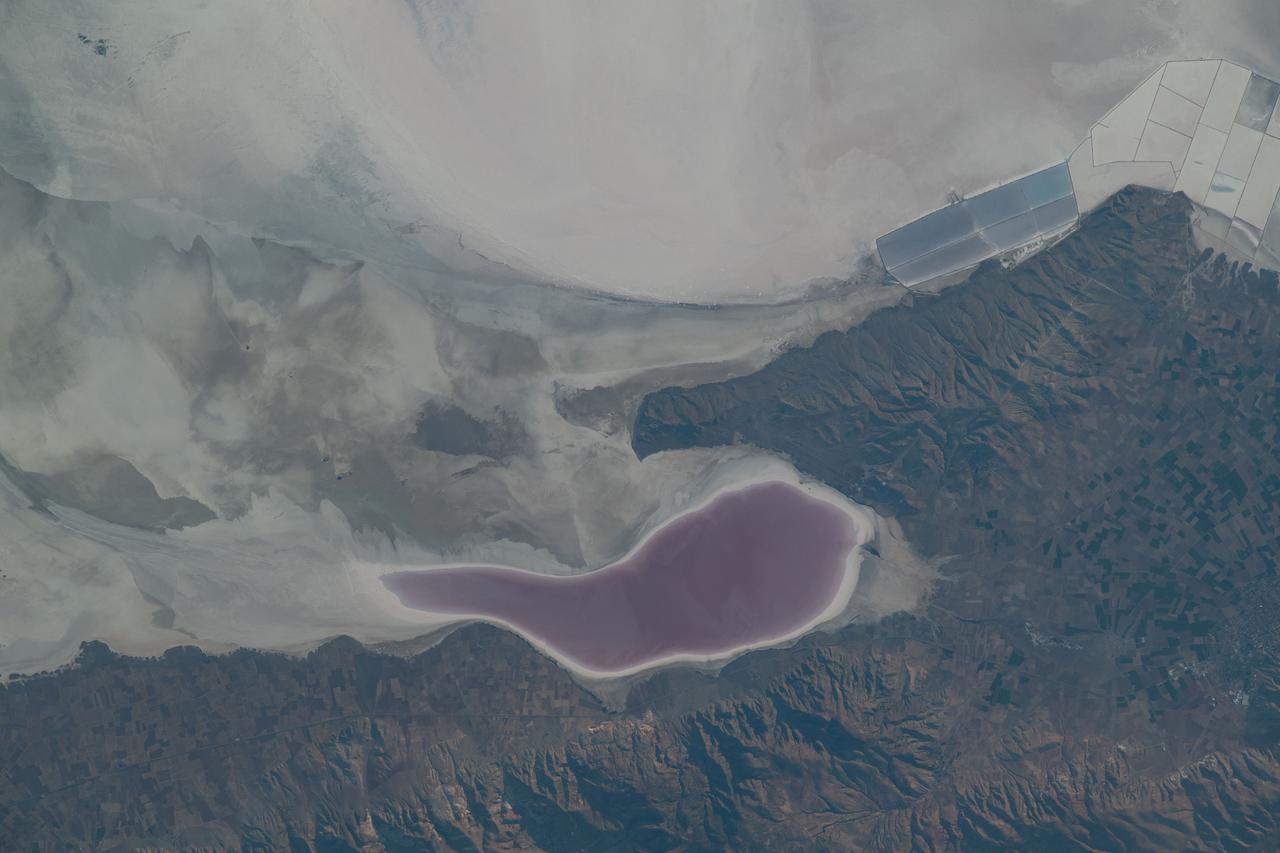 iss069e033759 (July 17, 2023) -- As the International Space Station orbited 260 miles above Turkey, NASA astronaut Woody Hoburg captured this image of Lake Tuz—a disappearing lake that was once the second-largest in the country. During some summers, the salt lake completely dries up, leaving the off-white appearance of higher concentrations of salt and minerals. What's left of the lake experiences seasonal color changes due to algae blooms, like the deep red shown near the bottom center of the image.