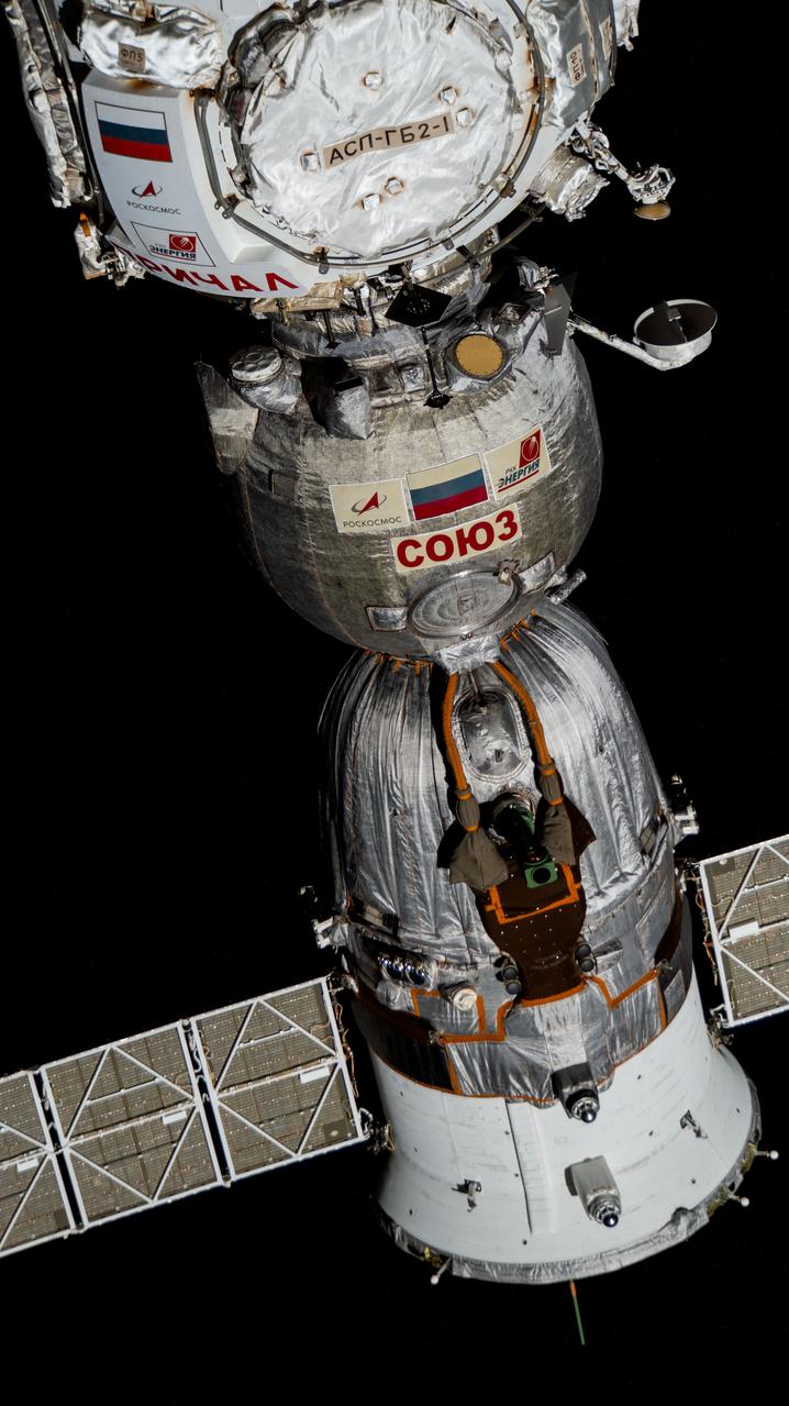 iss069e037667 (July 27, 2023) --- The Soyuz MS-23 crew ship is pictured docked to the Prichal module on the International Space Station.