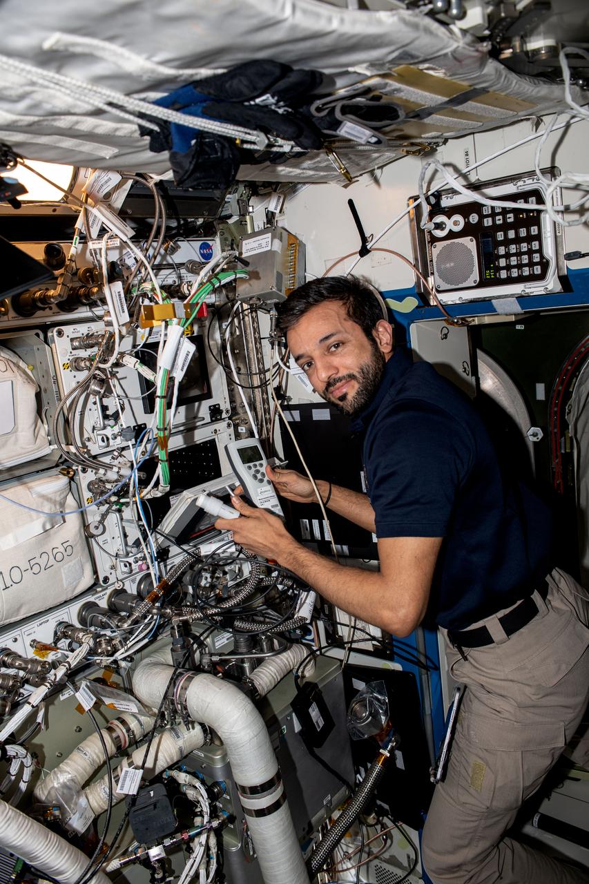 iss069e038998 (July 28, 2023) --- UAE (United Arab Emirates) astronaut and Expedition 69 Flight Engineer Sultan Alneyadi performs maintenance on the Space Automated Bioproduct Laboratory (SABL), a research incubator. The SABL supports a wide variety of biology and botany investigations, including physics and materials science experiments.