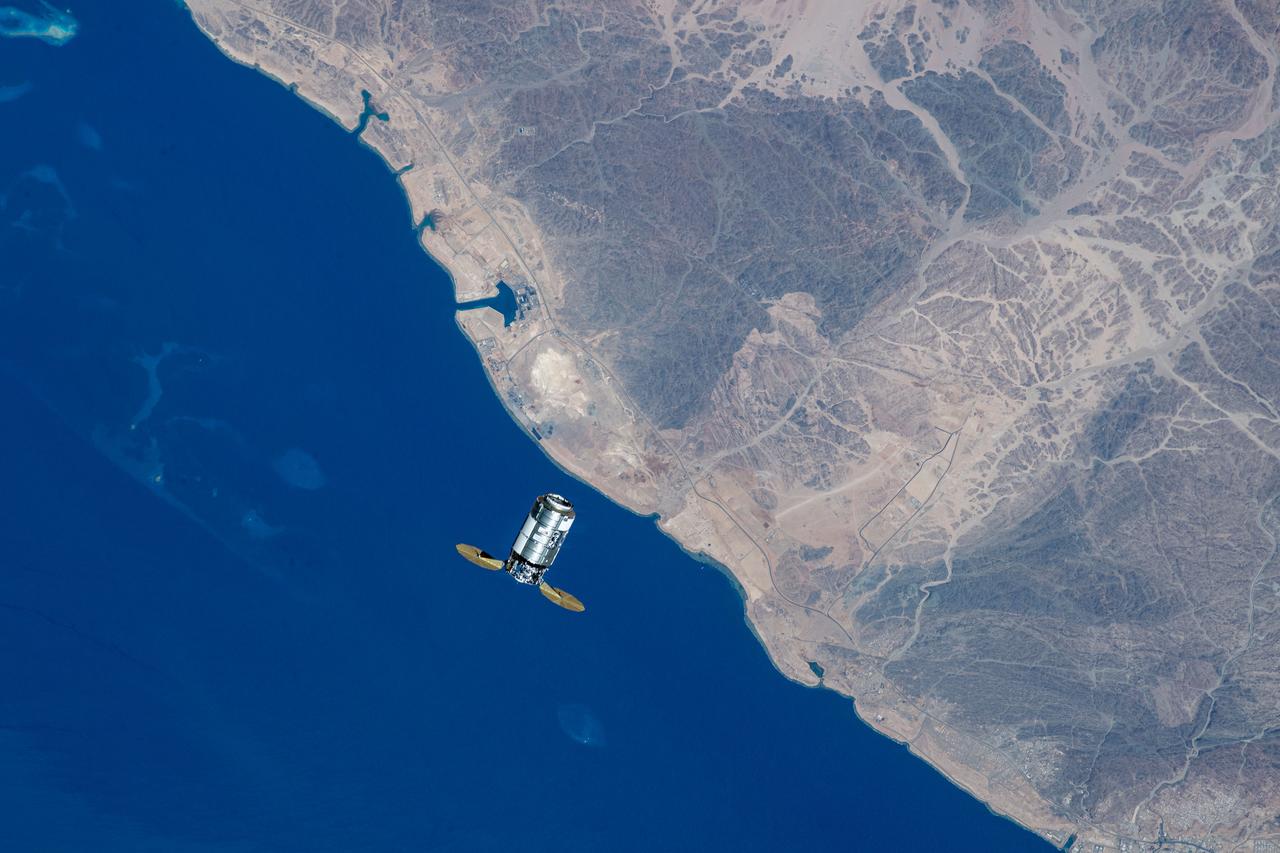 iss069e053861 (Aug. 4, 2023) --- Northrop Grumman's Cygnus cargo craft is pictured from the International Space Station as it approaches while orbiting 261 miles above the coast of the Red Sea in Saudi Arabia.