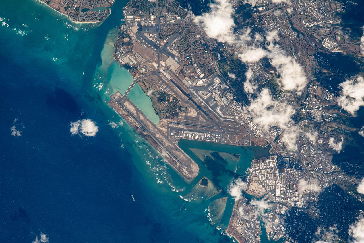 iss069e055069 (August 8, 2023) -- The Daniel K. Inouye International Airport (Honolulu International Airport) pictured as the International Space Station orbited roughly 260 miles above the coasts of Hawaii. The airport is the largest in Hawaii, located on the island of O'ahu.