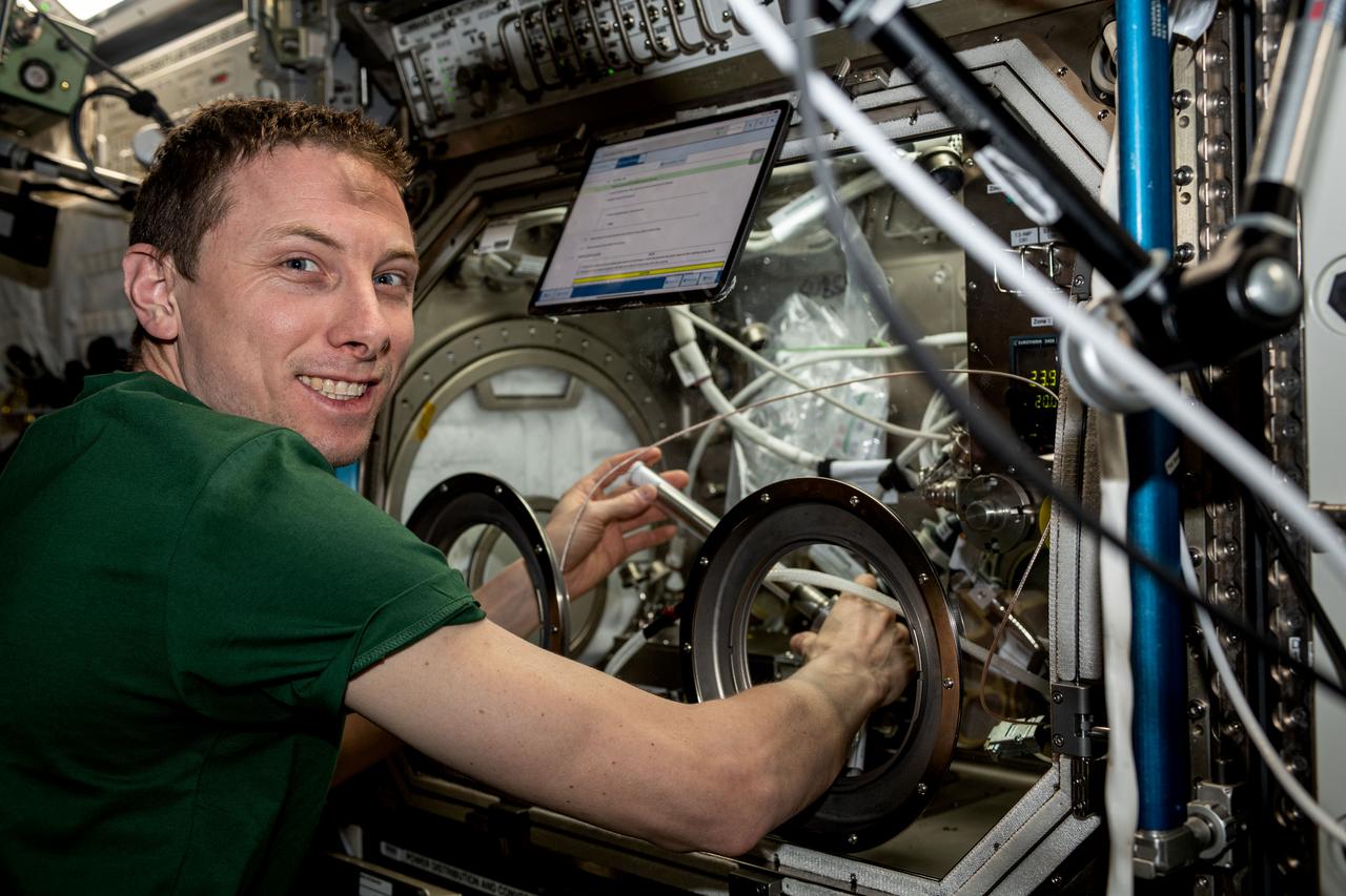 iss069e060322 (August 15, 2023) -- NASA astronaut Woody Hoburg swaps samples for a space manufacturing study inside the Microgravity Science Glovebox (MSG) in the International Space Station's U.S. Destiny Laboratory Module. MSG allows crews to investigate physical science and biological research in a safe, contained environment in microgravity.
