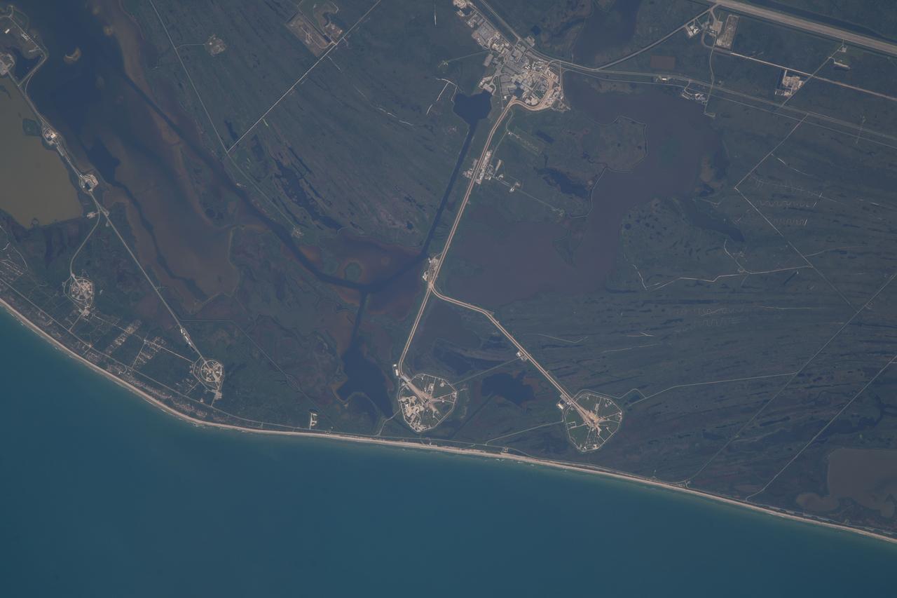 iss069e060917 (Aug. 15, 2023) --- NASA's Kennedy Space Center and its two launch complexes 39A and 39B on Florida's Atlantic coast are pictured from the International Space Station as it orbited 262  miles above the Sunshine State.