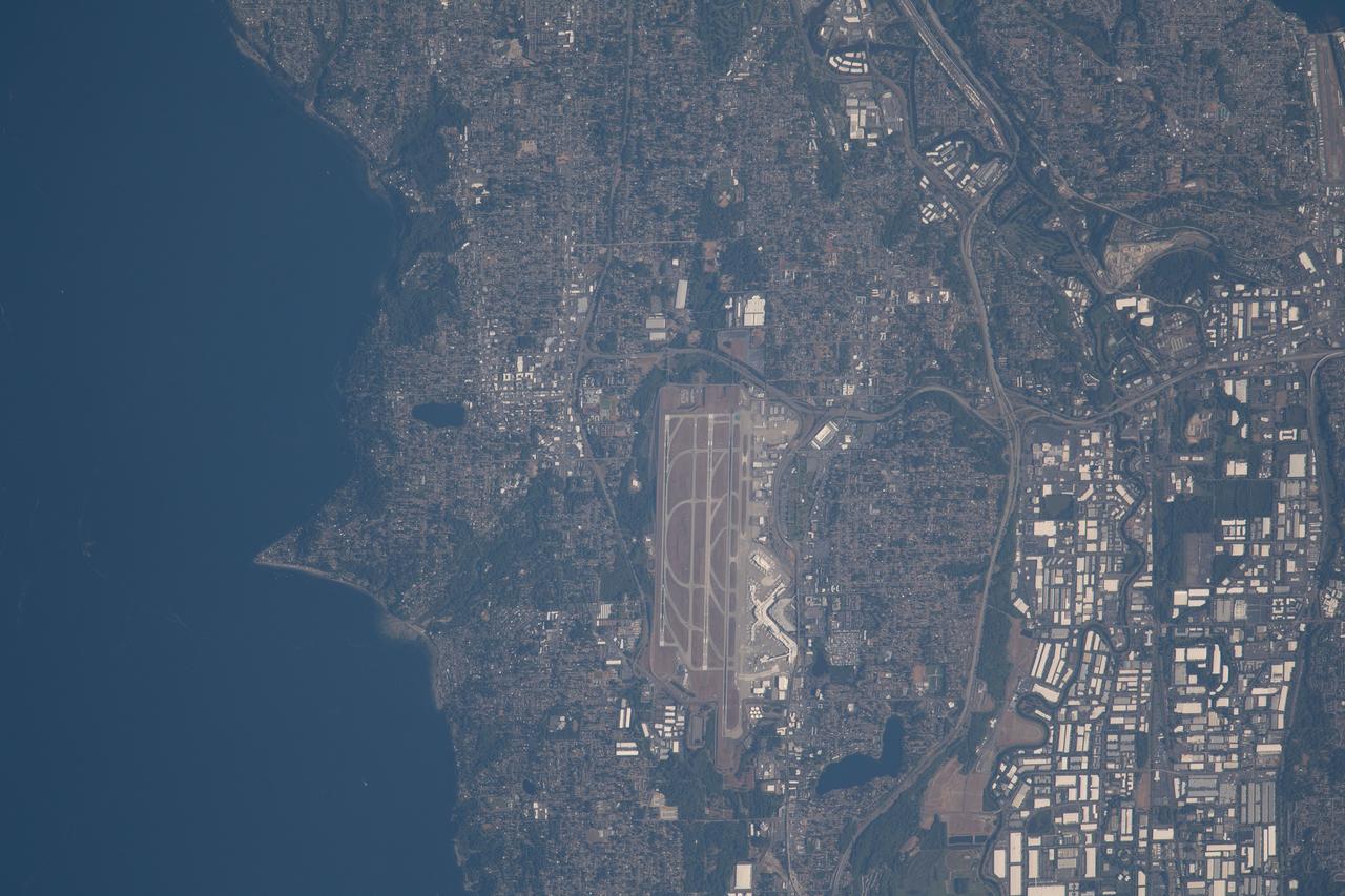 iss069e061160 (Aug. 16, 2023) --- Seattle-Tacoma International Airport near the Puget Sound in northwest Washington is pictured from the International Space Station as it orbited 264 miles above the Evergreen State.