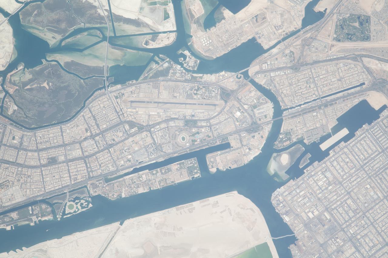 iss069e071346 (Aug. 21, 2023) --- Abu Dhabi, the capital of the United Arab Emirates, is pictured from the International Space Station as it orbited 262 miles above the Persian Gulf.