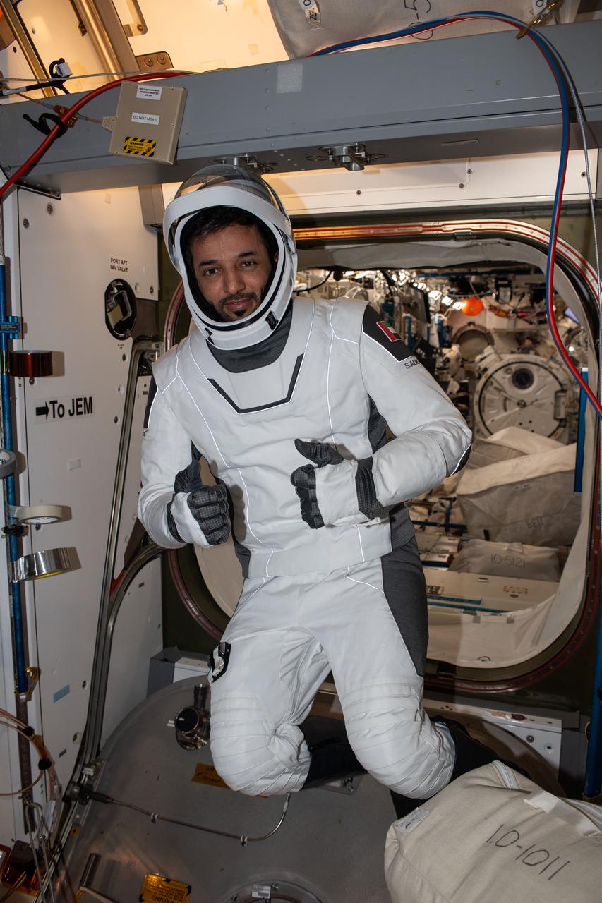 iss069e082306 (Aug. 23, 2023) --- UAE (United Arab Emirates) astronaut and Expedition 69 Flight Engineer Sultan Alneyadi is pictured in SpaceX pressure suit that he will wear when he returns to Earth aboard the company's Dragon Endeavour spacecraft in September.