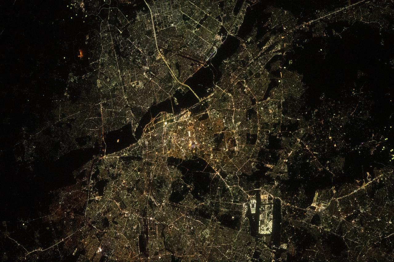iss069e085742 (Sept. 2, 2023) --- The city lights of Delhi, India, the second most populated city in the world estimated to be 32.9 million, are pictured from the International Space Station as it orbited 257 miles above the subcontinental nation. At lower right, is the well-lit Indira Gandhi International Airport.