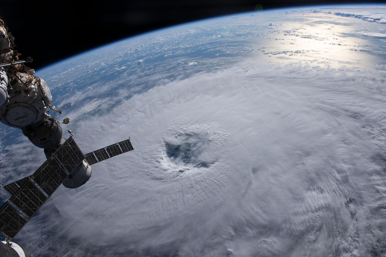 iss069e090103 (Sept. 19, 2023) --- Category 1 Hurricane Nigel is pictured on a northeasterly track in the Atlantic Ocean as the International Space Station orbited 259 miles above. At left, is the Soyuz MS-23 crew ship docked to the Prichal docking module.