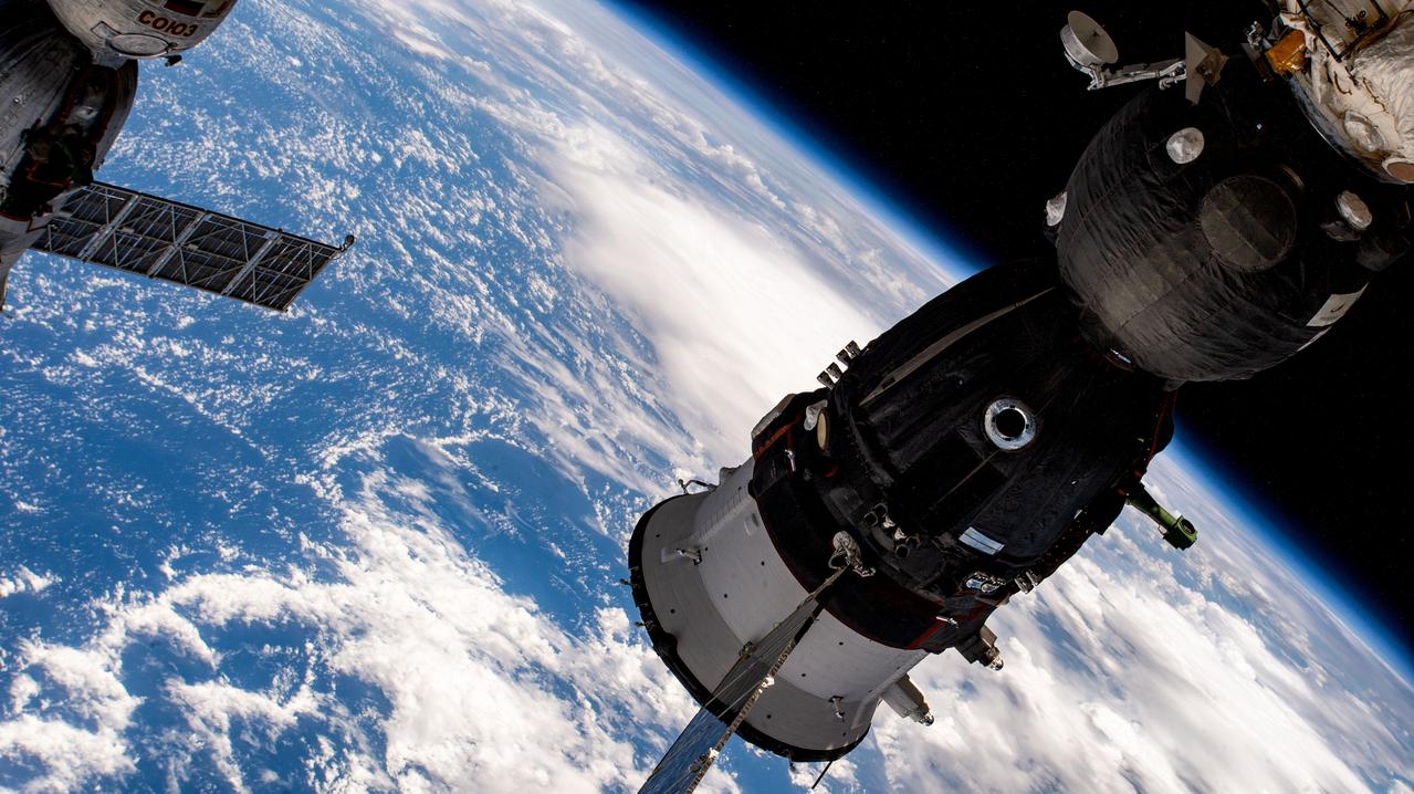 iss069e092254 (Sept. 25, 2023) --- The Soyuz MS-24 crew ship is pictured docked to the International Space Station's Rassvet module. The spacecraft launched three Expedition 69-70 crew members, NASA astronaut Loral O'Hara and Roscosmos cosmonauts Oleg Kononenko and Nikolai Chub, to the orbiting lab on Sept. 15, 2023.