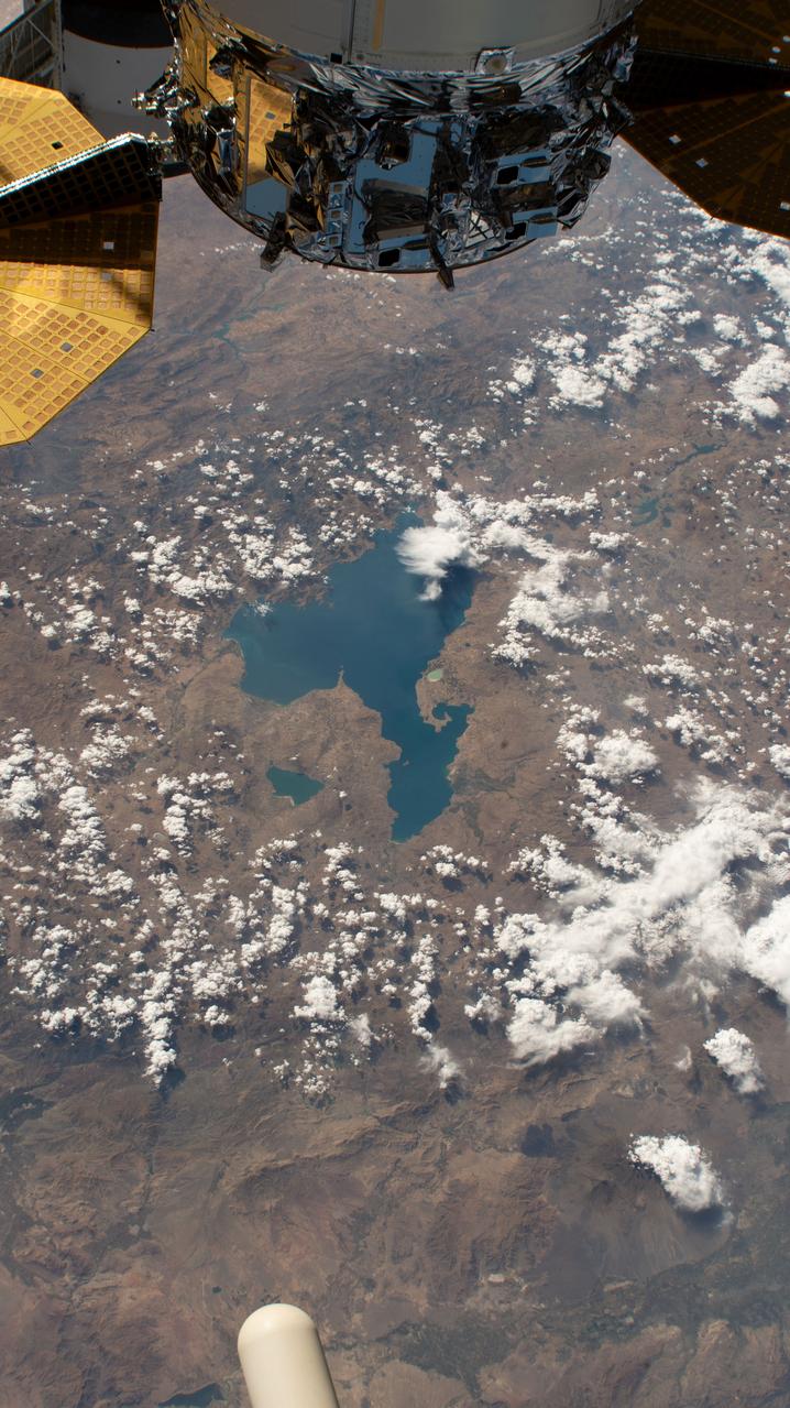 iss070e001546 (Sept. 30, 2023) --- Two lakes in Turkey, the larger Van Lake and the smaller Erçek Lake, are pictured from the International Space Station as it orbited 259 miles above the Eurasian region near the Caspian Sea.