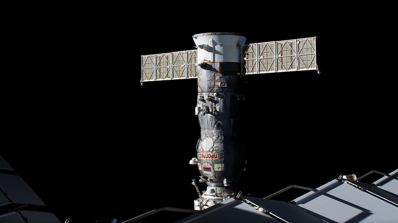 iss070e001769 (Oct. 4, 2023) --- The Roscosmos Progress 84 cargo craft is pictured docked to the International Space Station's Poisk module.