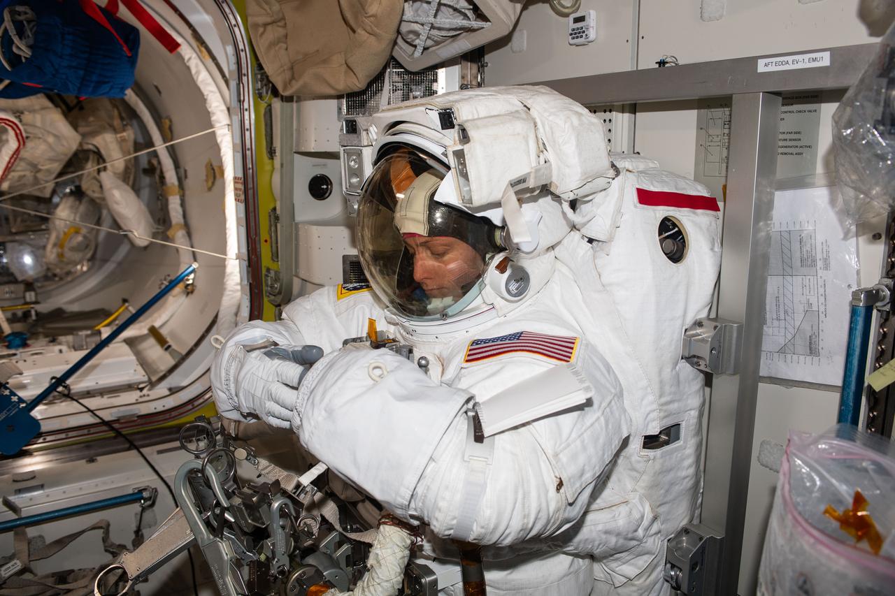 iss070e002032 (Oct. 4, 2023) --- NASA astronaut and Expedition 70 Flight Engineer Loral O'Hara is pictured trying on her spacesuit and testing its components aboard the International Space Station's Quest airlock in preparation for an upcoming spacewalk.