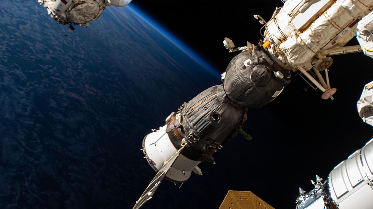 iss070e005423 (Oct. 18, 2023) --- The Soyuz MS-24 spacecraft is pictured docked to the Rassvet module as the International Space Station orbited 268 miles above the Indian Ocean just north of the French Southern and Antarctic Lands, an overseas territory of France.