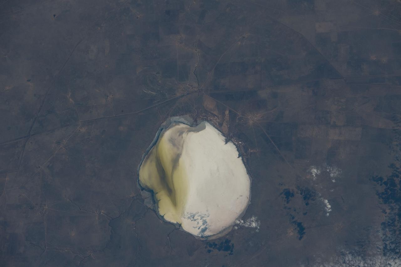 iss070e005945 (Oct. 19, 2023) --- Lake Elton, a salt lake in Russia near the western border of Kazakhstan, is pictured from the International Space Station as it orbited 260 miles above.