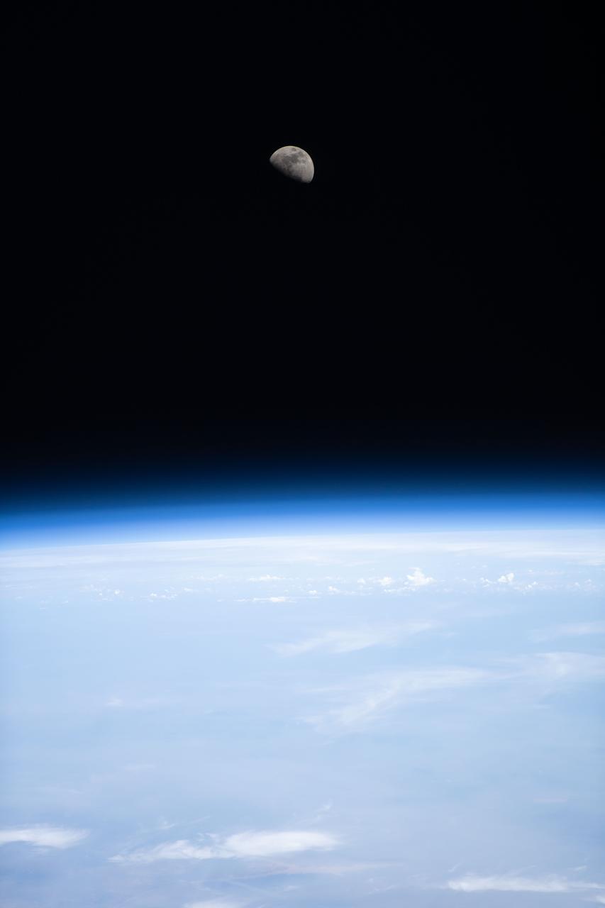 iss070e008520 (Oct. 23, 2023) --- The first quarter Moon is pictured above Earth's horizon from the International Space Station as it orbited 260 miles above the African nation of Niger.