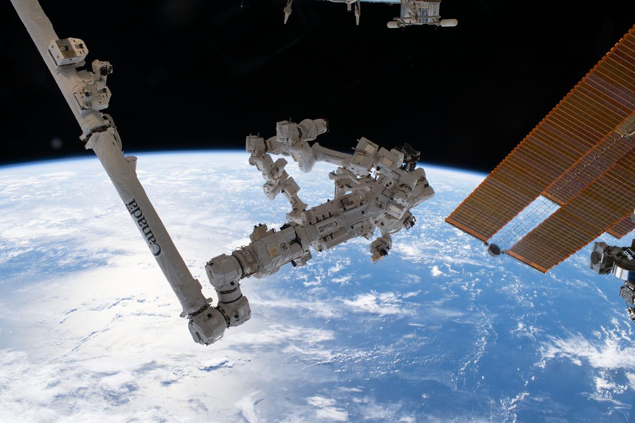 iss070e014652 (Oct. 27, 2023) --- The sun's glint beams off a clear blue north Atlantic Ocean as the International Space Station orbited 261 miles above. In the foreground, a pair of main solar arrays drape across the right with the Canadarm2 robotic arm and its fine-tuned robotic hand Dextre extending from the left.