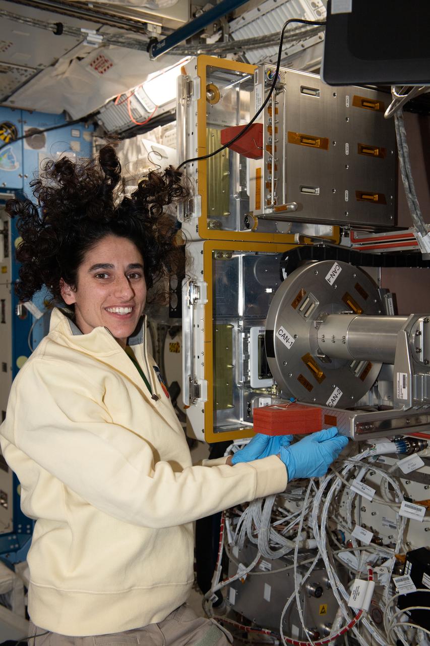 iss070e023516 (Nov. 12, 2023) --- NASA astronaut and Expedition 70 Flight Engineer Jasmin Moghbeli sets up research hardware for the Cell Gravisensing-2 study to learn how cells respond to the lack of gravity promoting space biology and improving treatments for ailments on Earth.