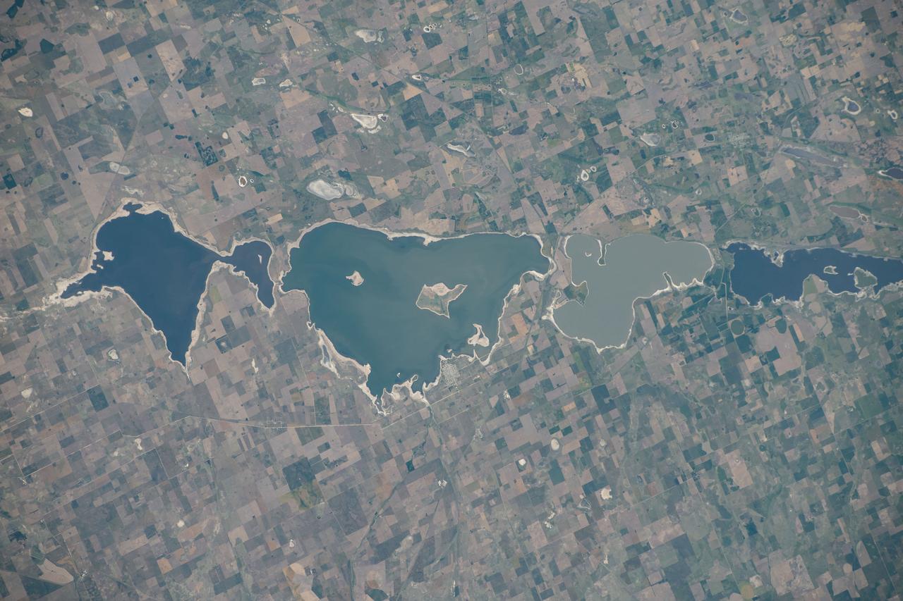 iss070e025959 (Nov. 16, 2023) --- Four lakes in the Argentinian province of Buenos Aires are pictured from the International Space Station as it orbited 268 miles above the South American nation. From left, in Argentina's fertile Pampas region are Lagunas del Venado, del Monte, Cochico, and Alsina.
