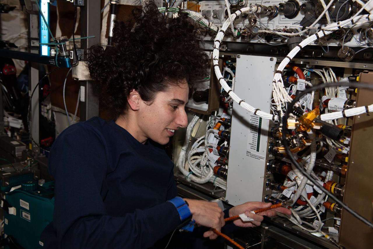 iss070e030810 (Nov. 27, 2023) --- NASA astronaut and Expedition 70 Flight Engineer Jasmin Moghbeli works on the Materials Science Laboratory, a physics research facility, located in the International Space Station's Destiny laboratory module.