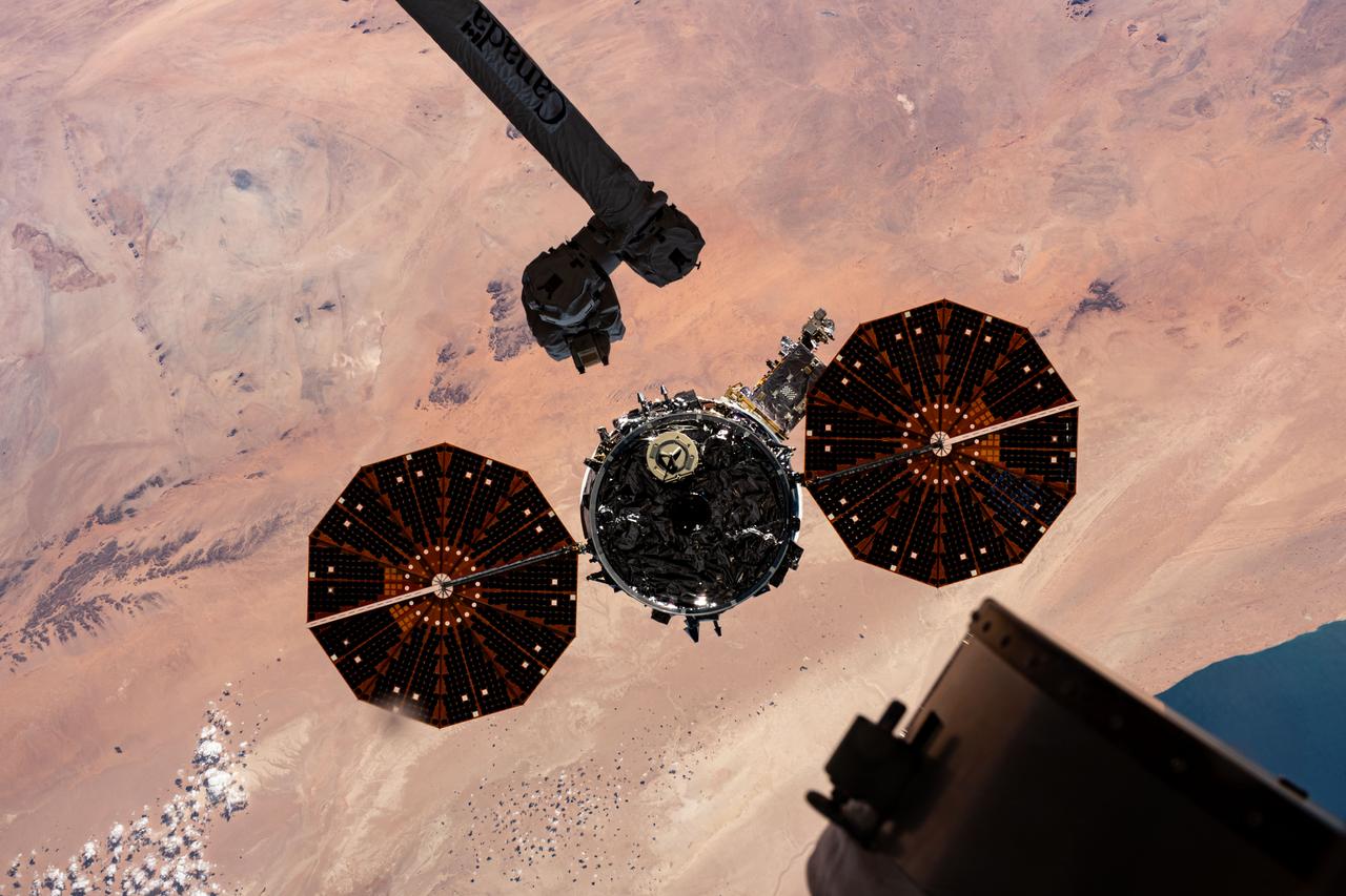 iss070e044302 (Dec. 22, 2023) --- Northrop Grumman's Cygnus space freighter is pictured moments after being released from the Canadarm2 robotic arm. The orbital complex was soaring 259 miles above the Atlantic Ocean near the Canary Islands at the time of this photograph.