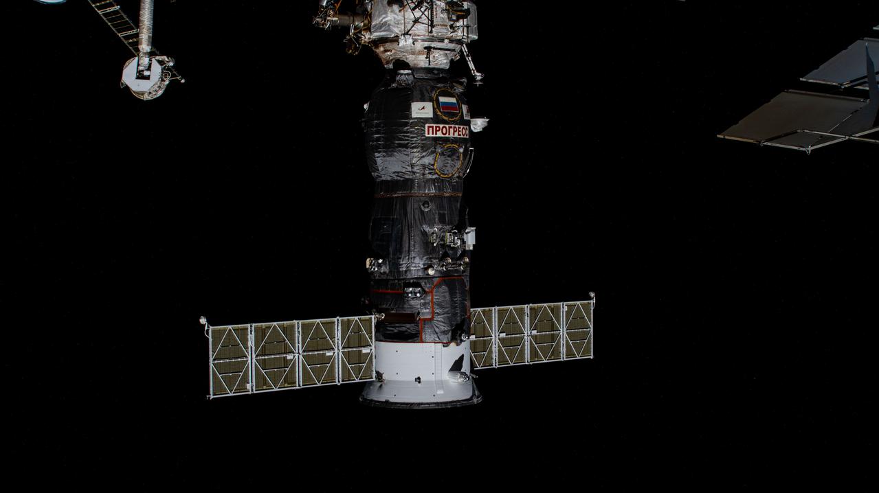 iss070e060730 (Jan. 8, 2024) --- The Roscosmos Progress 86 cargo craft is pictured docked to the International Space Station's Poisk module. The Progress 86 docked to Poisk on Dec. 3, 2023, delivering almost three tons of food, fuel, and supplies for the Expeditipn 70 crew and will stay docked until late May.