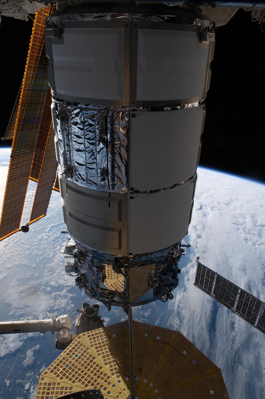 iss070e086298 (Feb. 4. 2024) --- Northrop Grumman's Cygnus resupply ship is pictured attached to the International Space Station shortly after the Canadarm2 robotic arm grappled and installed it to the Unity module's Earth-facing port.