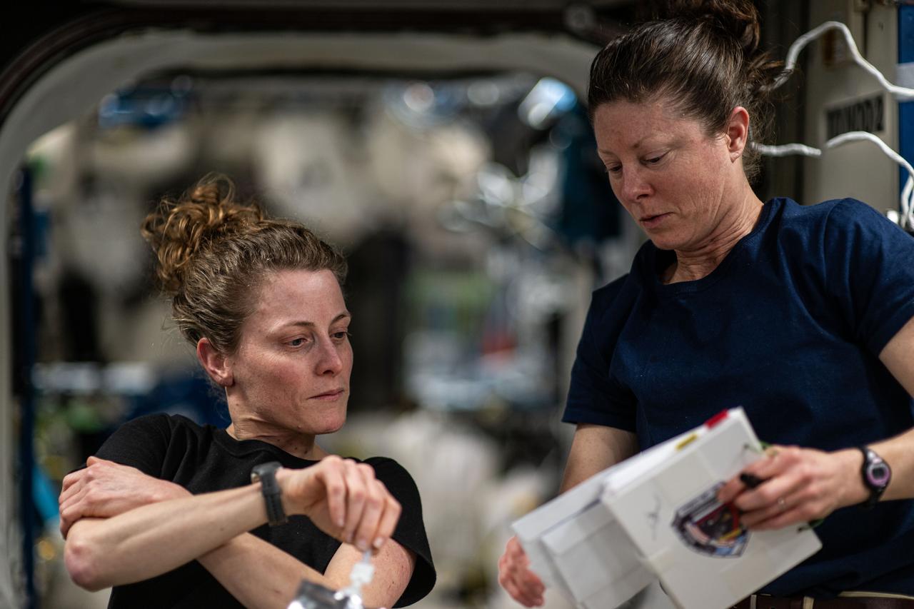 iss070e133703 (April 1, 2024) --- Expedition 70 Flight Engineers (from left) Loral O'Hara and Tracy C. Dyson, both NASA astronauts, review documents aboard the International Space Station.
